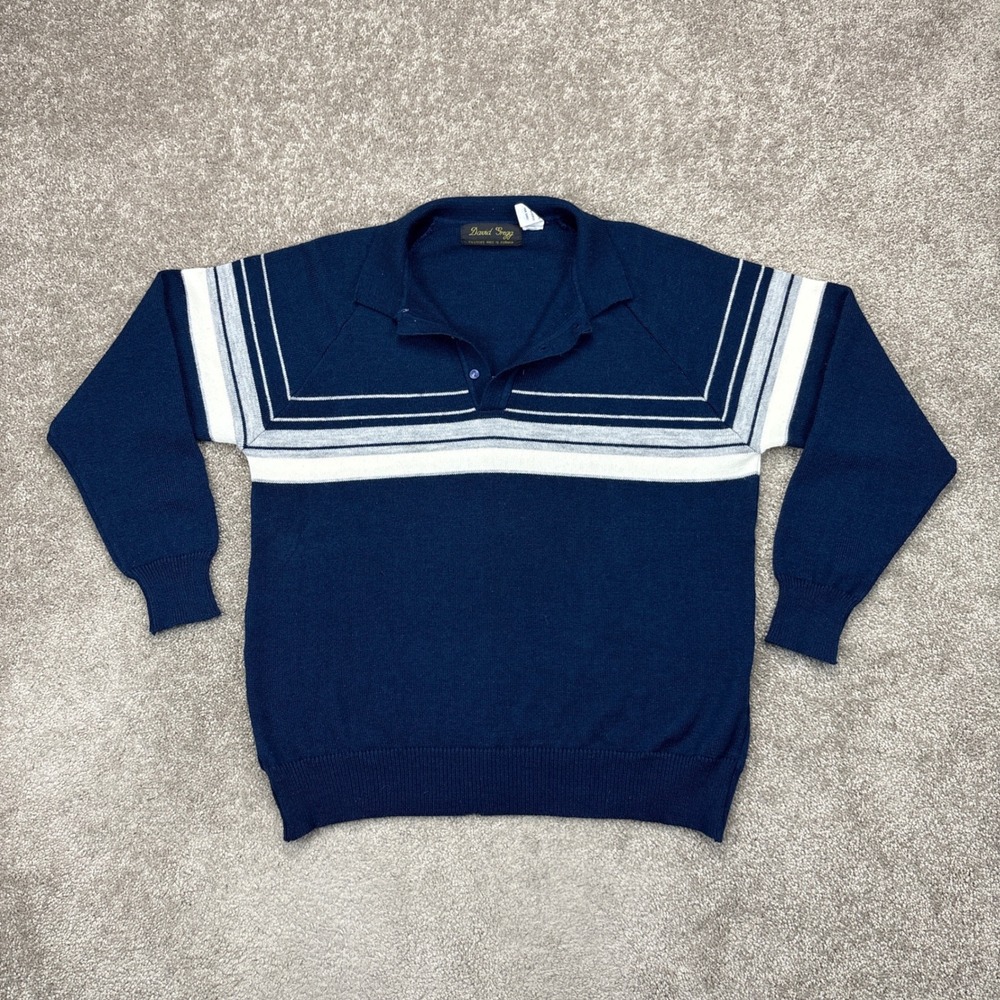 Vintage 90s David Gregg Striped Navy Blue Acrylic‎ Knit Sweater Small